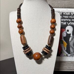 Vintage 1970s Wood Bead Statement Necklace – Boho Tribal Chunky Jewelry